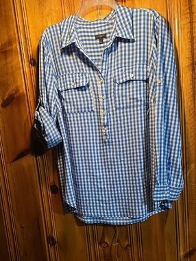 Talbots Blue and White Gingham Button-Front Casual Shirt